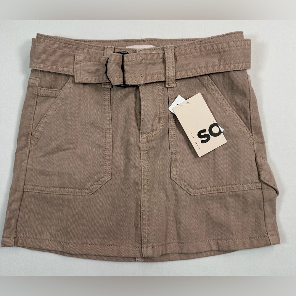 NWT SO Girls’ Y2K Khaki Cargo Denim Tie‎ Belt Mini Skirt Fall Academia Size 7